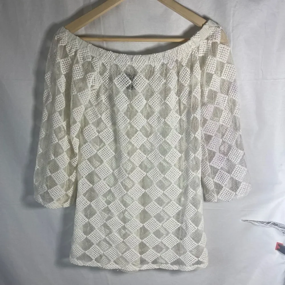 Reformation Ivory Surplus Fabric Off Shoulder Mesh Crochet Square Top‎ Sz…